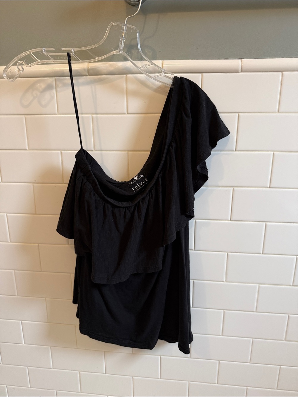 Velvet Black One-Shoulder Ruffle Tank